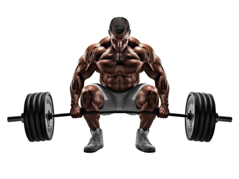 Intense bodybuilder preparing for a heavy deadlift on a transparent isolated background