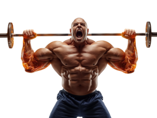 Intense bodybuilder lifting a barbell, showcasing strength and muscular physique against isolated