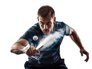 Intense table tennis player smashes the ball with dynamic motion and concentration on transparent