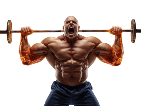 Intense bodybuilder lifting a barbell, showcasing strength and muscular physique against isolated - Powered by Adobe