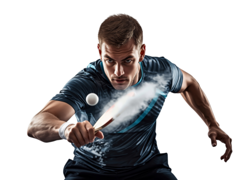 Intense table tennis player smashes the ball with dynamic motion and concentration on transparent