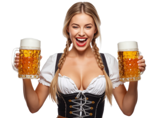 Blonde woman with beer mugs radiating celebratory cheer on transparent stage