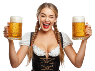Enthusiastic blonde in traditional attire raising beer mugs, set against an isolated transparent