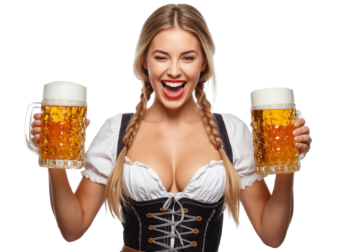 Blonde woman with beer mugs radiating celebratory cheer on transparent stage - Powered by Adobe
