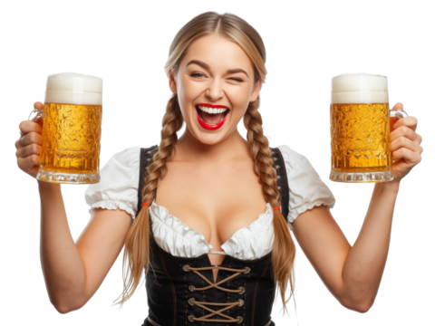 Enthusiastic blonde in traditional attire raising beer mugs, set against an isolated transparent