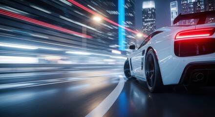 Fototapeta premium White sports car speeding through a futuristic city at night with motion blur effect