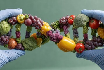 Hands in gloves hold a DNA-shaped fruit and vegetable spiral