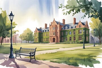 Naklejka premium Watercolor painting of a historic university building with a park bench and lamppost in the foreground