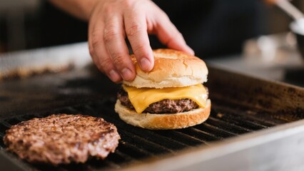 Cooking Burgers Close Up. Hand putting bun on cheeseburger