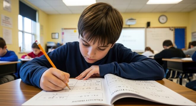 A young boy in a classroom, focused on his math homework.
