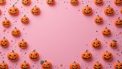 Mockup Halloween invitation card for kids, repeating jack-o-lantern pumpkins on solid pastel pink background, clear text zone in the middle, cheerful design.