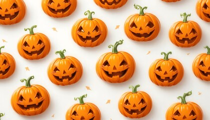 Halloween kids wallpaper with repeating cute jack-o-lanterns, happy expressions, solid white background, vibrant orange pumpkins, full frame seamless design.
