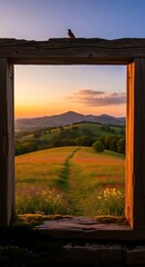 Fototapeta premium Golden Hour Mountain View Through Window.