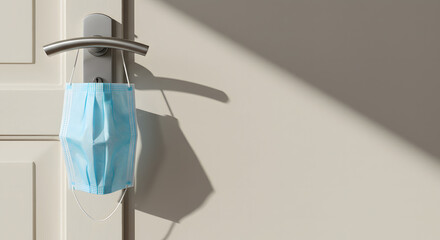 Blue medical face mask hanging on door handle in modern interior  