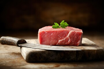 A fresh cut of meat garnished with parsley, resting on a rustic wooden cutting board alongside a sharp knife.