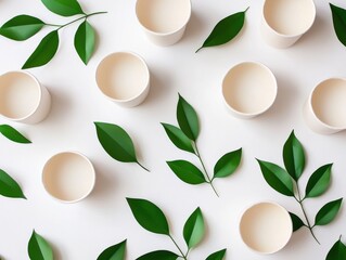 Green leaves surround minimalistic white cups on a clean surface.