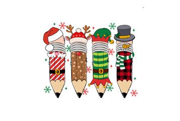 Christmas Character Pencils – Santa, Elf, Snowman & Reindeer Holiday Teacher Sublimation Design