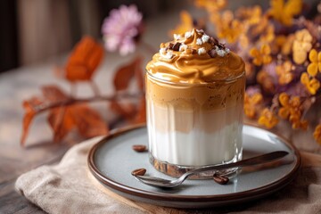 Dalgona coffee in a glass topped with crumbs sits on a plate with a spoon and coffee beans surrounded by fall foliage