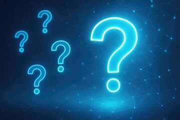 Multiple glowing blue neon question marks floating in digital space with network connections