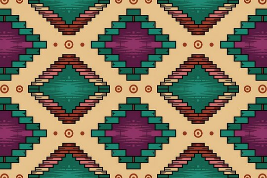 Geometric Southwestern Pattern with Diamond Shapes and Circular Motifs in Teal, Burgundy, and Peach
