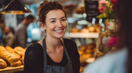 Cheerful woman wearing an apron smiling while working in a bakery surrounded by fresh bread and pastries with blurred customers in the background.