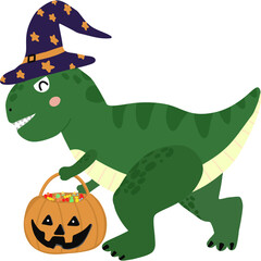 Cute cartoon T-Rex wearing a purple witch hat with orange stars, holding a pumpkin candy bucket filled with treats. Fun Halloween dinosaur illustration perfect for kids and festive designs.
