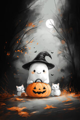 Cute Ghosts and Pumpkins Illustration for Halloween