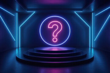 Fototapeta premium Neon Question Mark on Stage with Blue and Pink Neon Lighting and Pedestal symbol