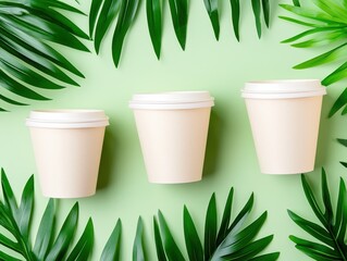 Three blank coffee cups surrounded by vibrant green leaves on a pastel background.