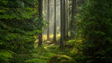 Sunlight streams through tall evergreen trees in a lush green forest