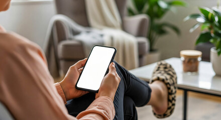 Relaxing at Home: Woman Using Smartphone with Blank Screen