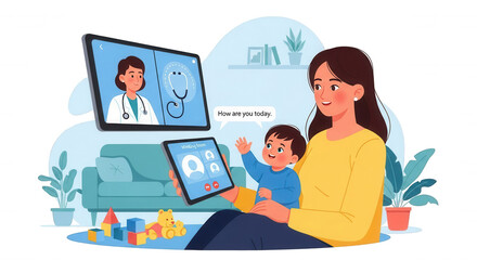 Mother and child having a telemedicine consultation with a doctor.