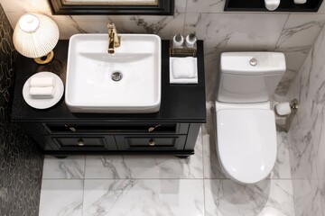 Overhead view of a bathroom with a white sink atop a black vanity adjacent to a toilet Marble flooring and wall paneling add texture