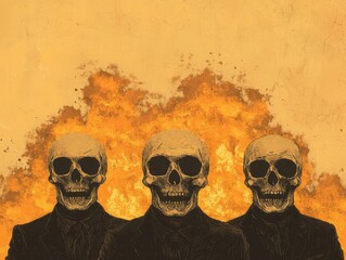Three stylized skulls in suits against a fiery background, symbolizing mortality.