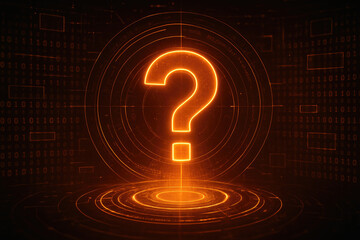 Orange neon question mark centered within concentric circles and binary code background glowing