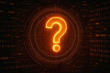 Orange glowing question mark with circular HUD elements and binary code on dark background