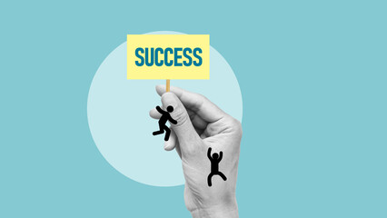 People are climbing up the hand as a metaphor of a mountain and success. Motivate to personal development and growth talented staff. Career growth and teamwork