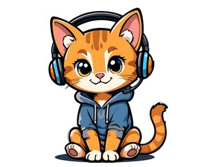 Cute cartoon cat in headphones. Vector illustration isolated on white background.