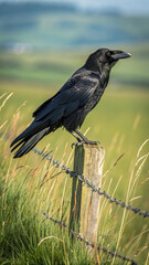 Obraz premium Black Raven Perched on Wooden Post in Grassy Field