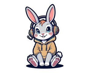 Cute little bunny listening to music with headphones. Vector illustration.