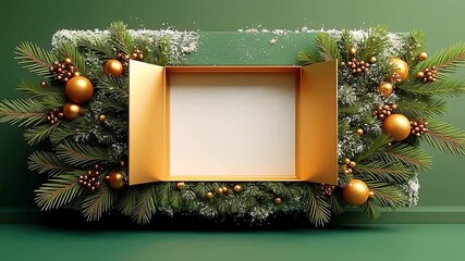 Luxury golden box opens on a green background, framed by pine branches, ornaments, and snow. Ideal for holiday promotions.. Advent Calendar Window - Powered by Adobe