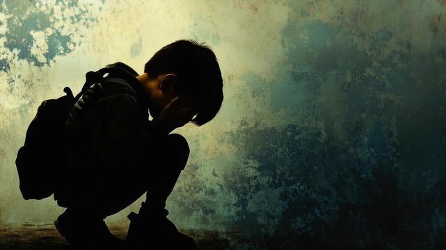 Silhouette of young asian child sitting with backpack in contemplative pose. Back to School, School Season, First Day of School - Education Supplies, Academic Year Beginning