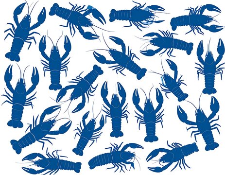 Blue crawfish silhouettes, repeating pattern