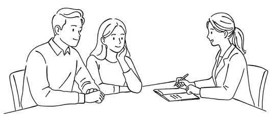 女性のファイナンシャルプランナーに相談する若い男女夫婦のおしゃれな線画アイコンベクターイラスト / 投資 / お金 / ラインアート