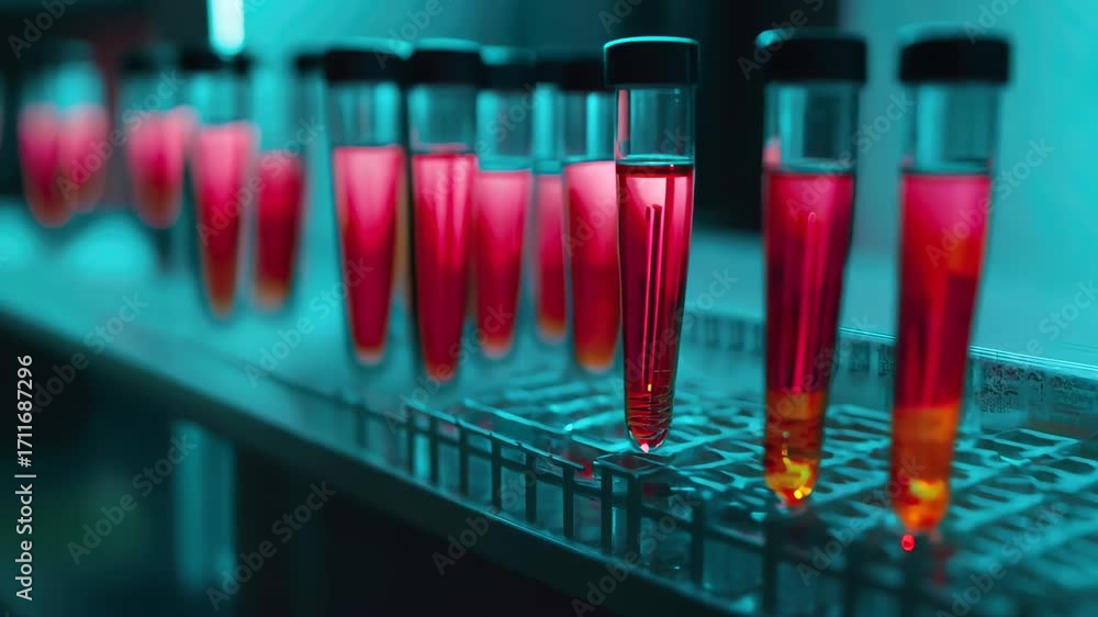 Poster this image showcases test tubes filled with vibrant fluids in a laboratory setting, emphasizing the 