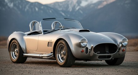 Classic silver shelby cobra roadster parked outdoors with mountains in the background