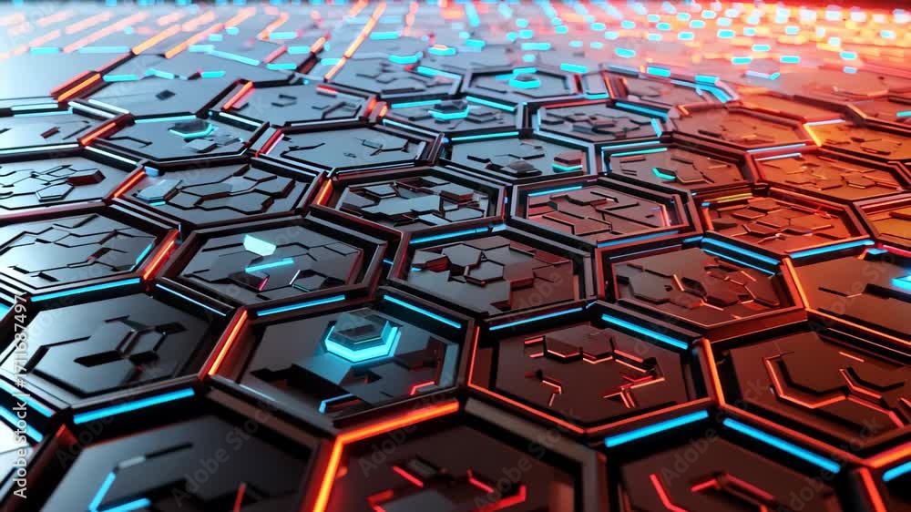 Poster a captivating abstract hexagonal pattern featuring vivid neon highlights against a dark background. 