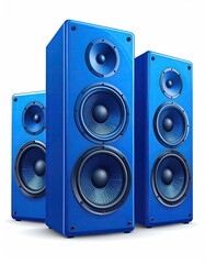 Three vibrant blue speakers