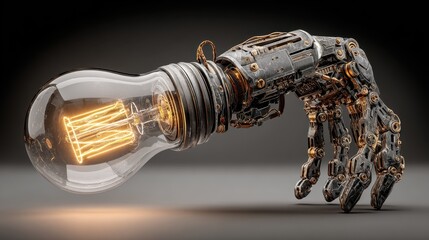 Mechanical arm holding an illuminated vintage light bulb against a plain background, symbolizing innovation, energy, and futuristic technology