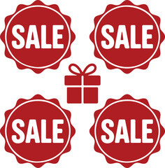 Circle Sticker Wavy Edge Promo Red Badges, Starburst Price Tags & Vintage Flat Labels victor set on a white background